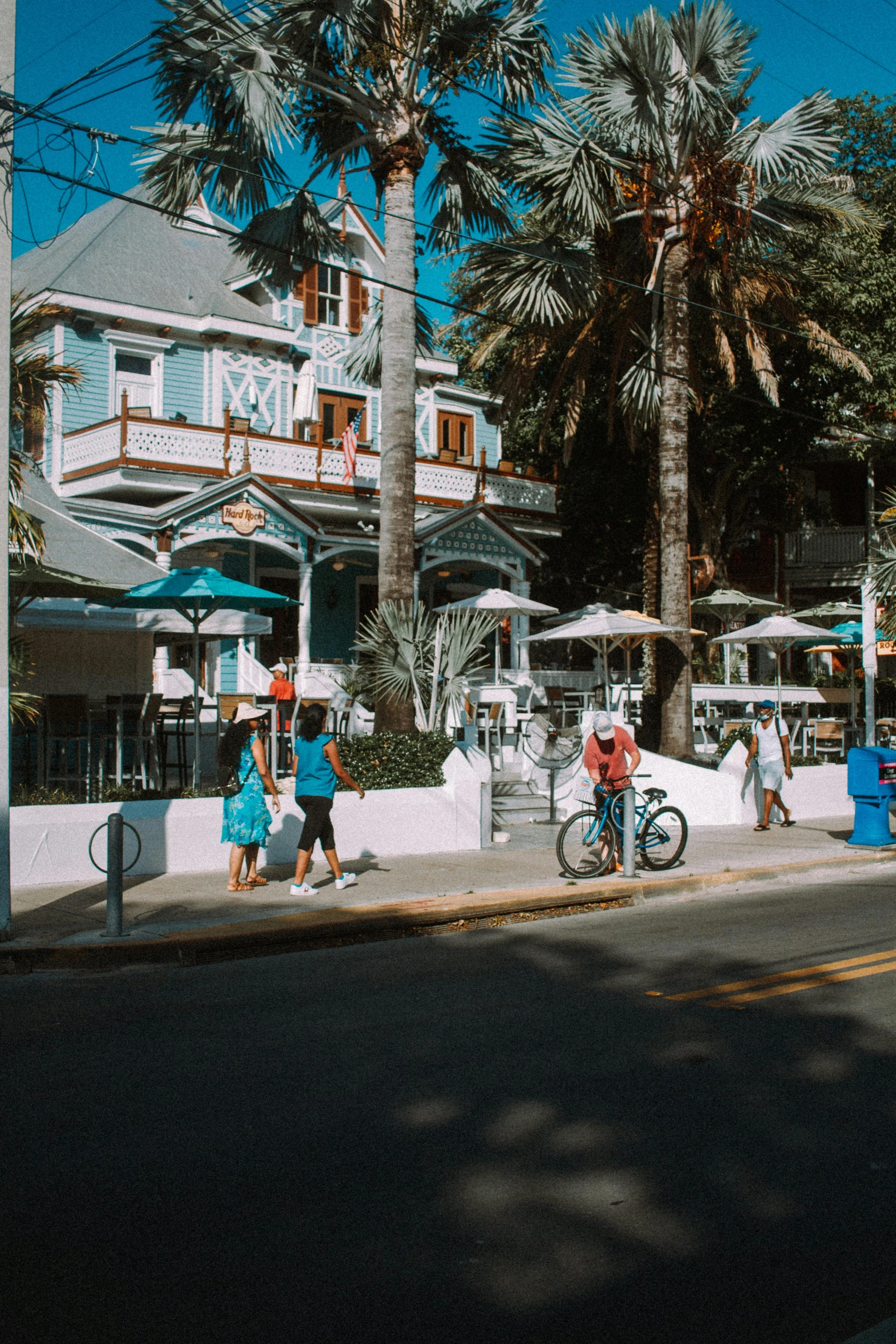 people stand on a sidewalk in front of the ocean and palm trees