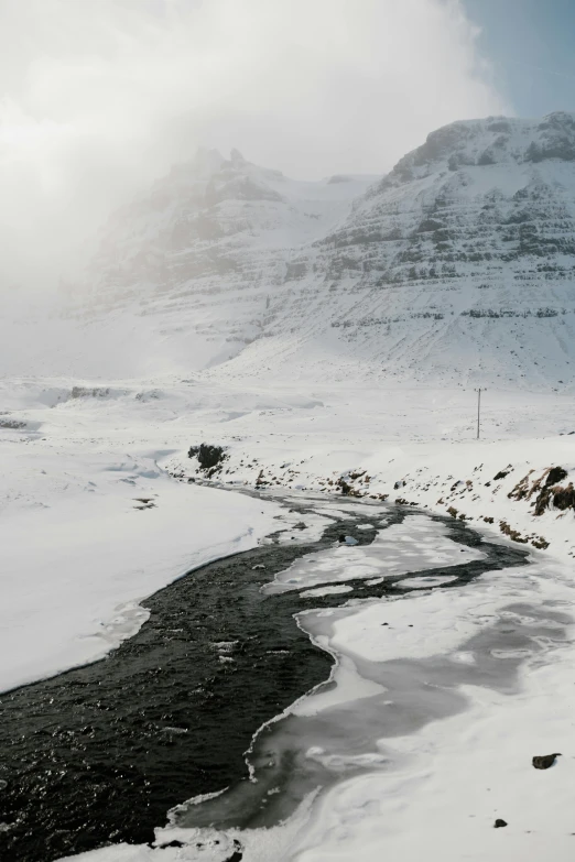 a snow covered landscape with lots of water and rocks