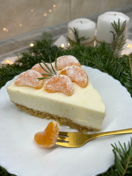 a small slice of cheesecake topped with orange slices and fresh rosemary leaves