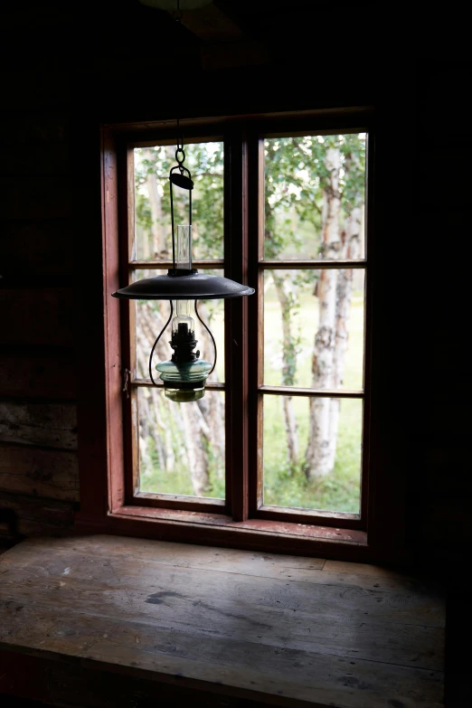 a window seat is shown in a dark room