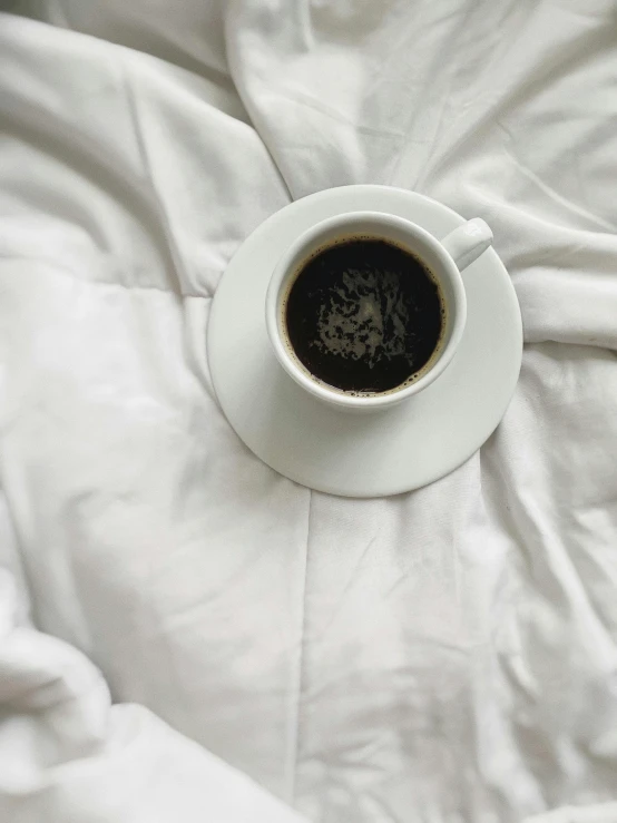white table cloth with an overhead view of a cup of coffee
