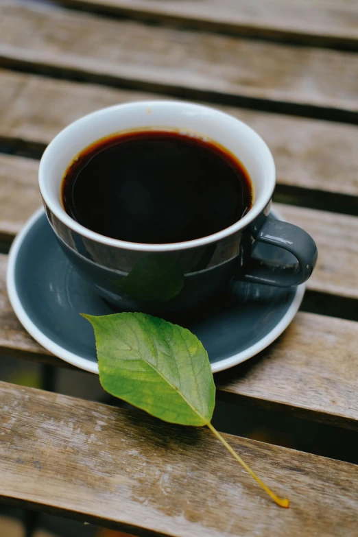 a cup of coffee with a leaf in front of it