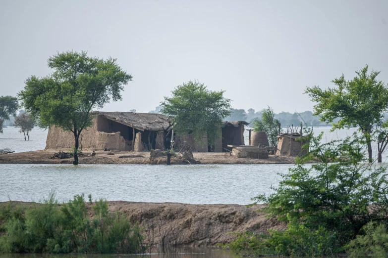 a body of water with many huts and trees on the shore