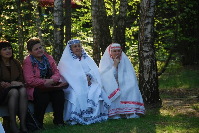 several women in dresses sit in the grass in front of trees