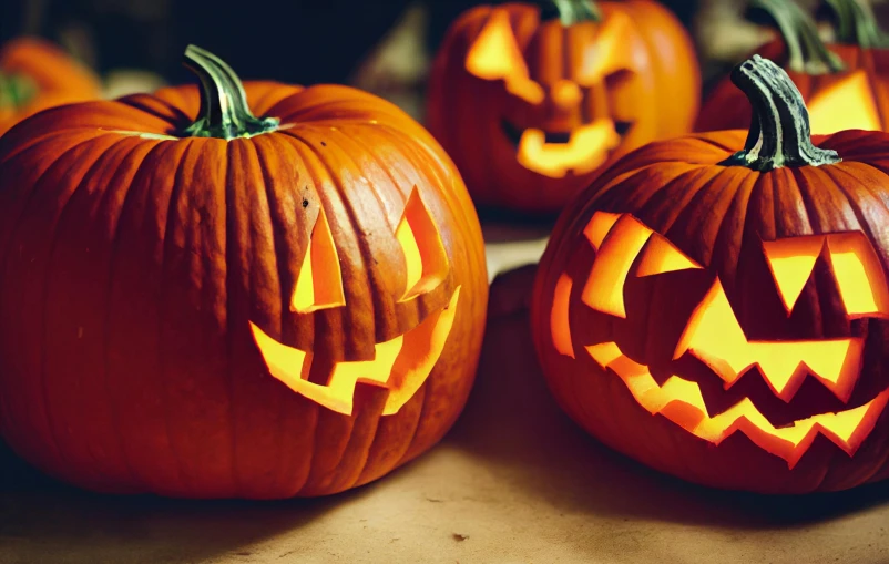 a group of carved pumpkins, which look like faces