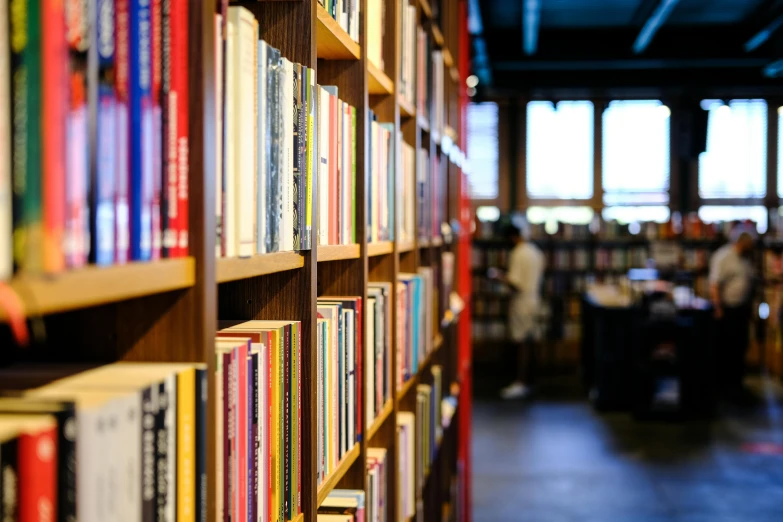 a liry full of books with several rows on the shelves