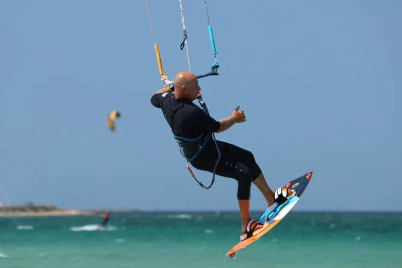 man in black wetsuit doing a stunt while holding parasailing