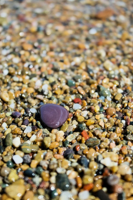 some sand stones and dirt with a purple rock on it