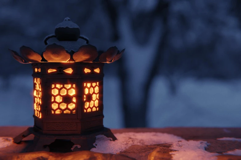 an oriental lamp outside on a winter night