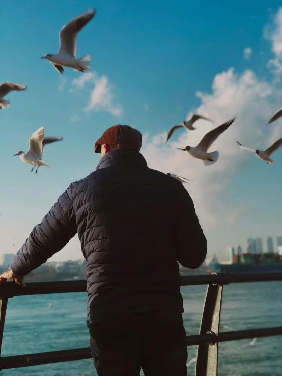 man in the midst of birds flying above him