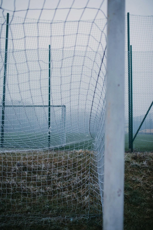 some grass a fence and grass some poles and fog