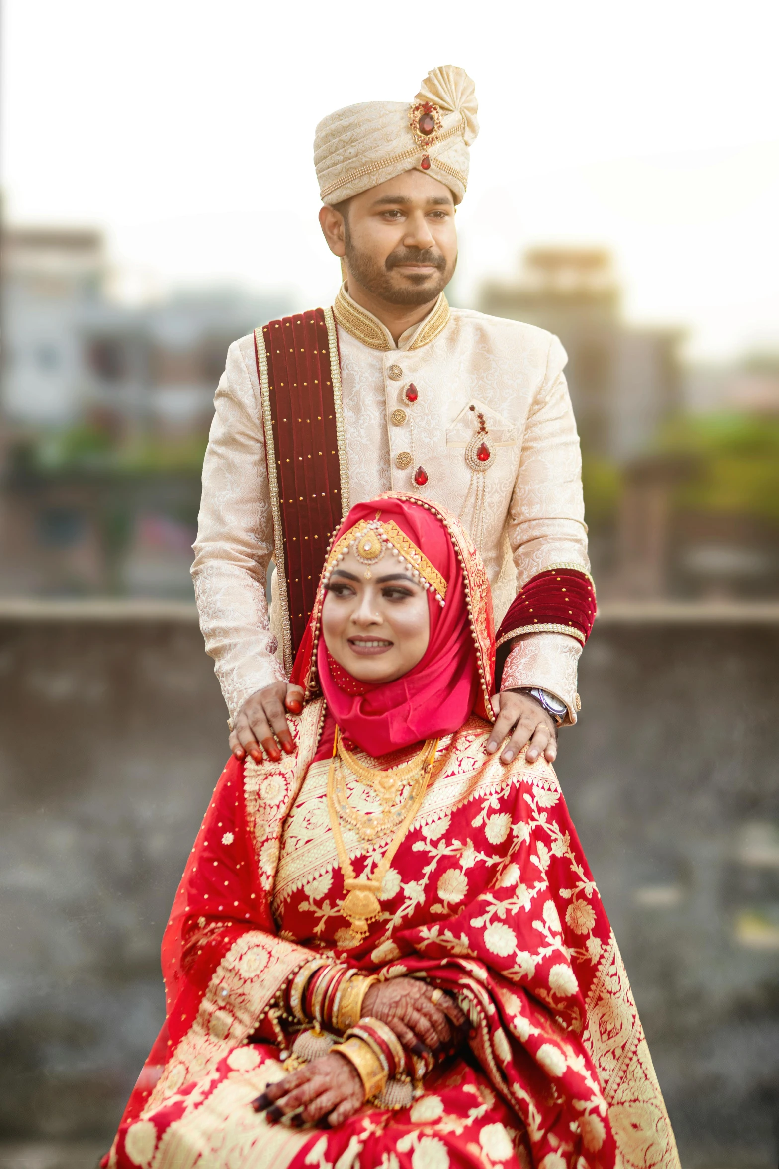 the bride and groom pose for a po together