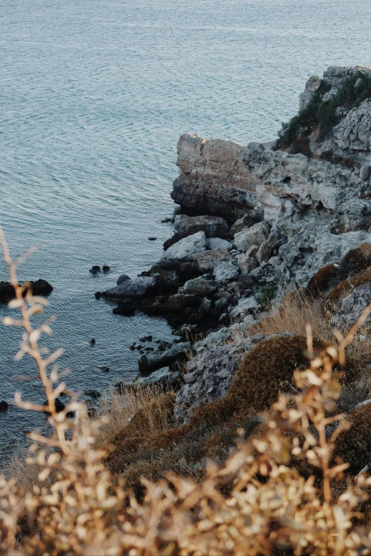 the side of a cliff near water is covered with rocks