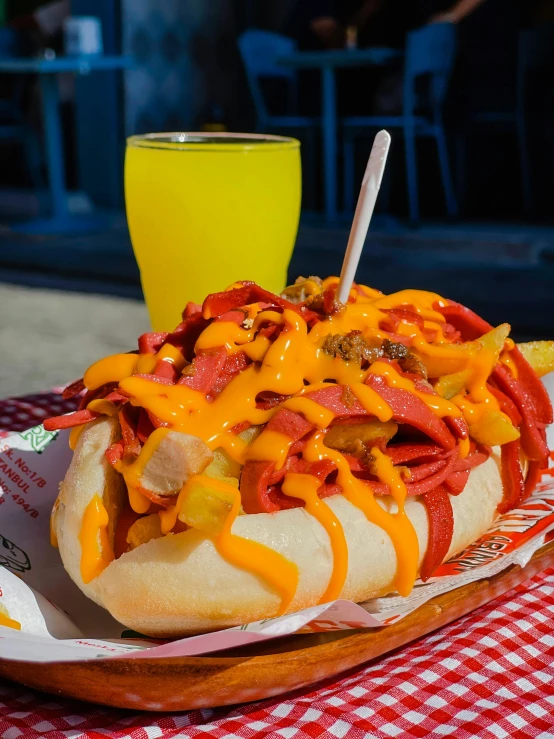 a  dog topped with lots of cheese and toppings