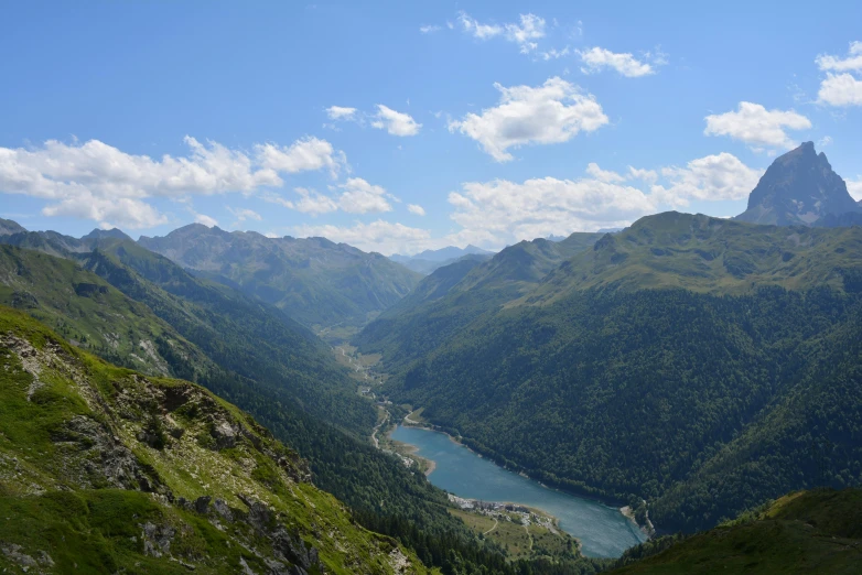 a mountain valley with a river flowing between two mountains