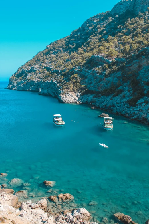 three boats floating in an otherwise clear ocean