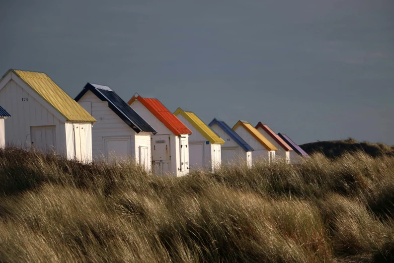 a row of tiny white buildings near tall grass