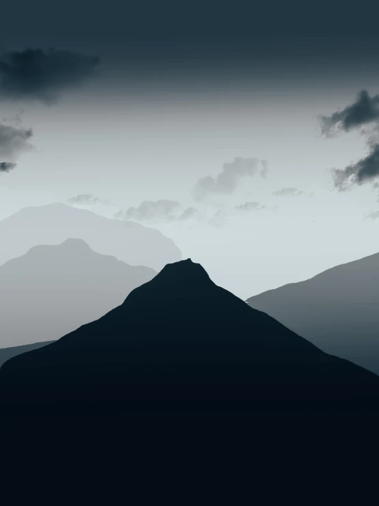 black and white image of mountains against a cloudy sky