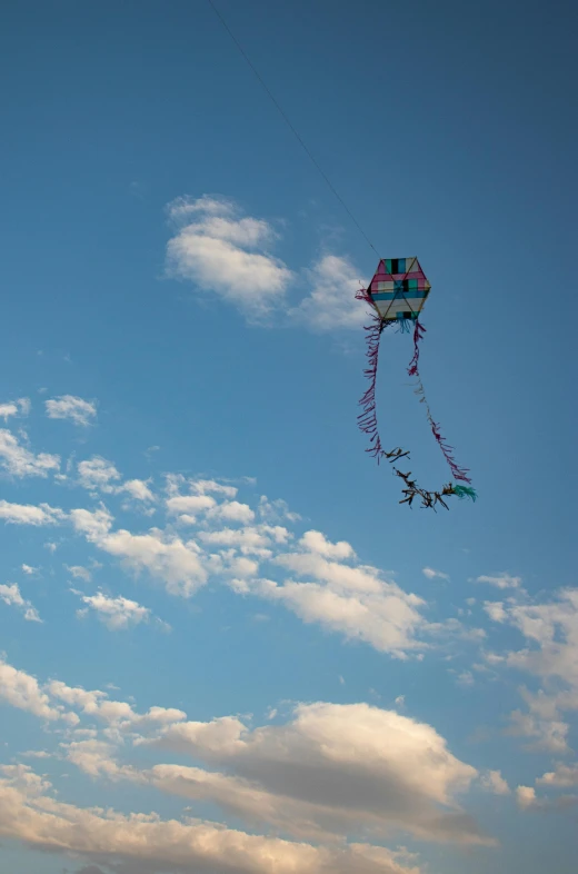 a kite flies through the blue sky during a cloudy day