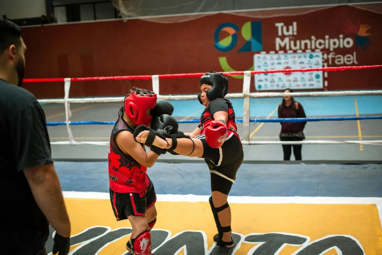 two boxers on an indoor ring with boxing gloves