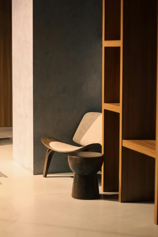 a chair and book shelf sit in front of a bookcase