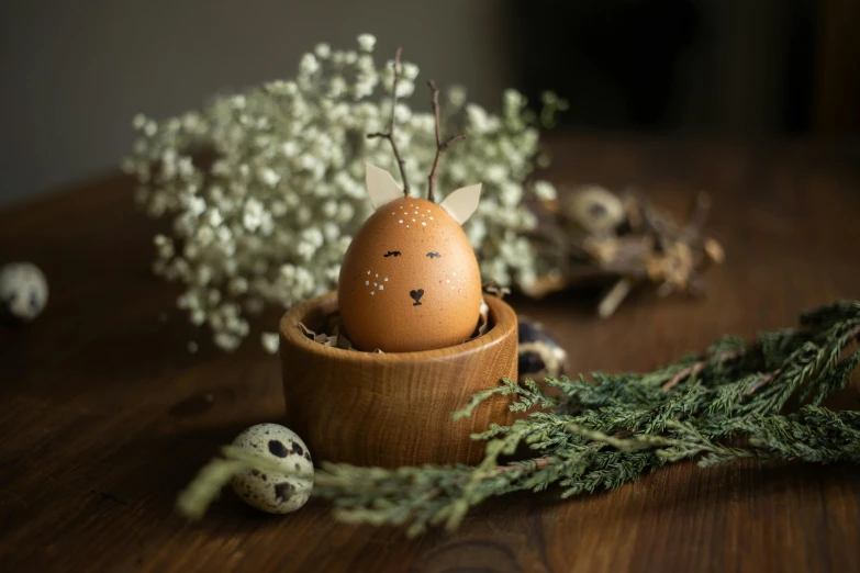 a wooden egg in a bowl with some little baby's breath