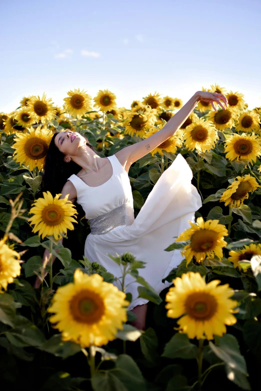 woman in sunflower field in white dress posing for picture