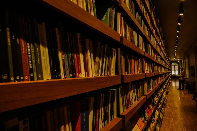 the books on shelves in the liry are lined up