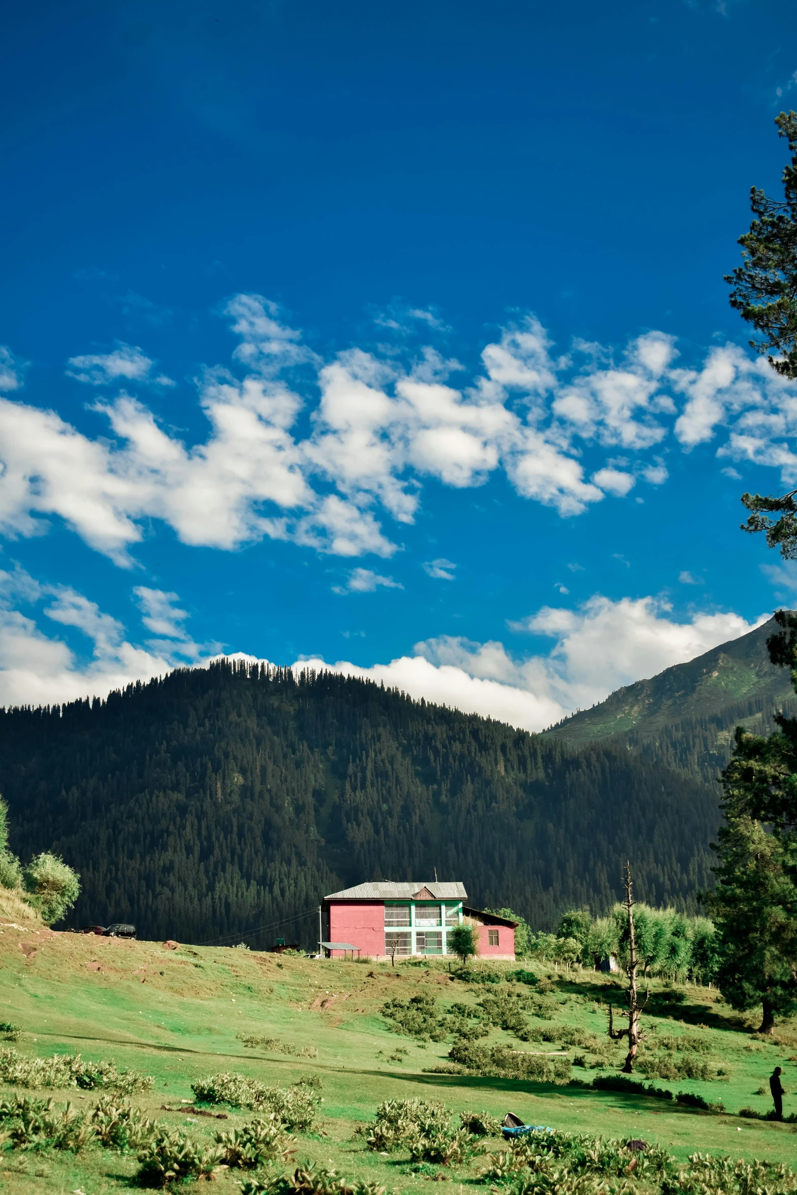 a barn in the middle of a field surrounded by mountains