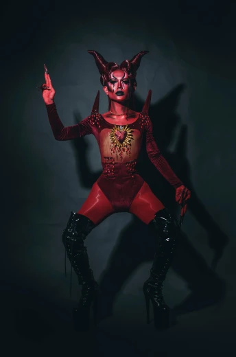 red devil is standing up in black high heels