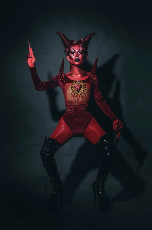 red devil is standing up in black high heels