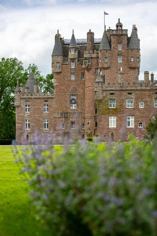 an old stone castle with purple flowers in the foreground