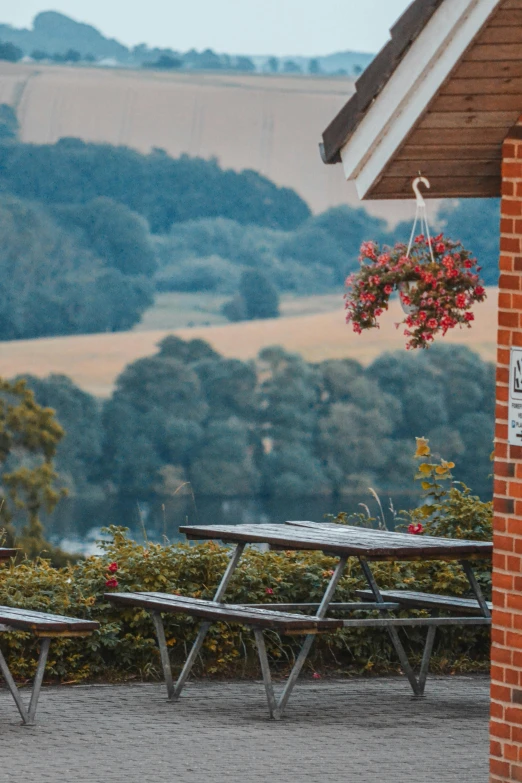 two picnic tables sitting by a bush and building