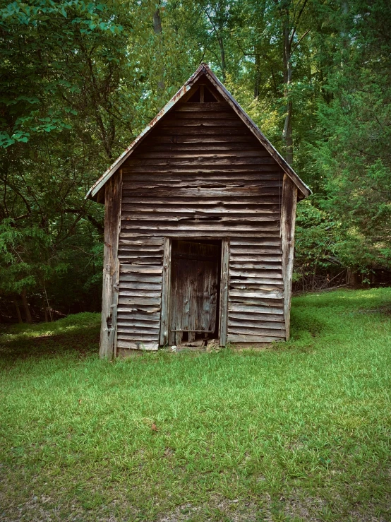 a wooden cabin in a green field with trees