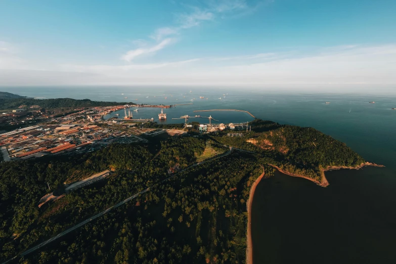 an aerial s of a town by the ocean