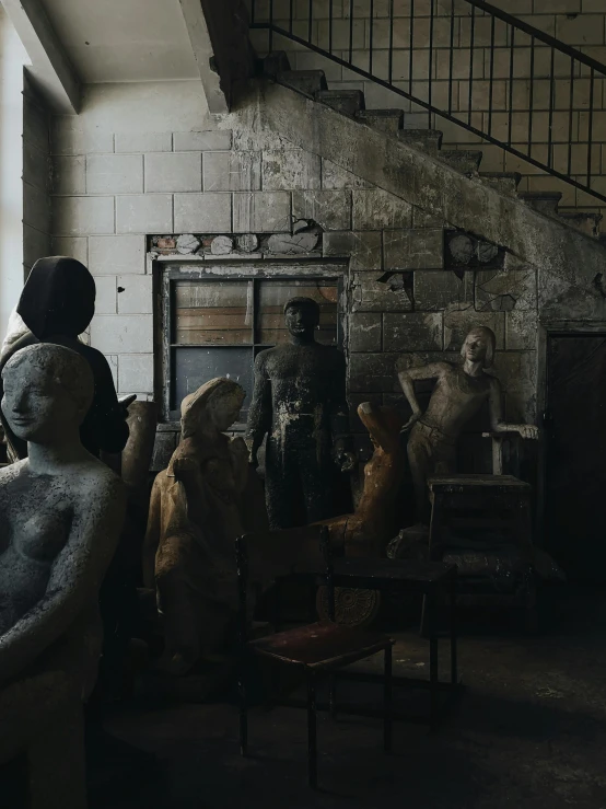 statues are displayed in the room of a large house