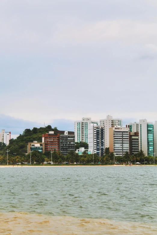 the large buildings are along the beach next to the water