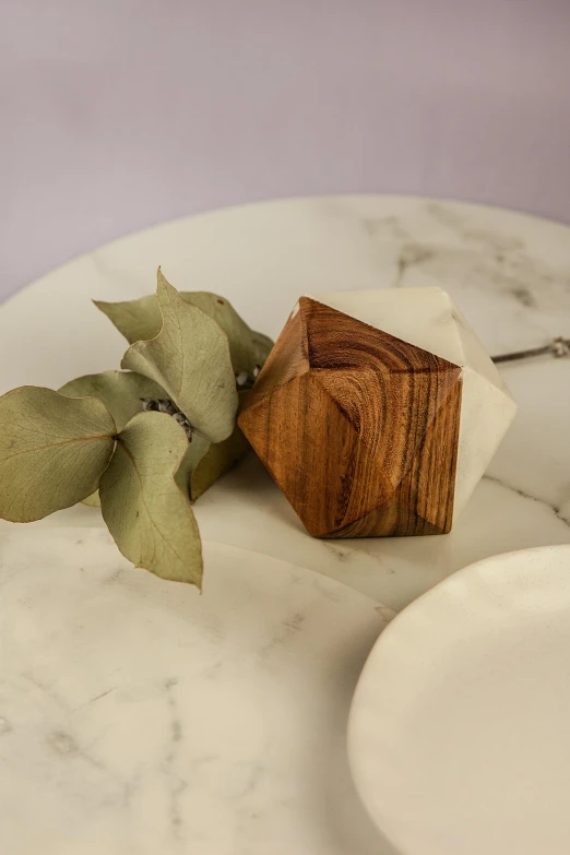 close up view of a wooden block and leaf on a marble plate