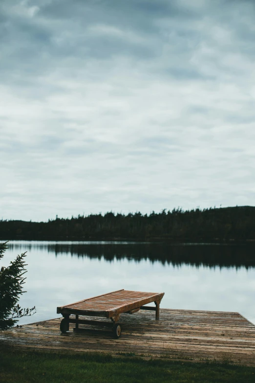 a bench sitting on the edge of a lake near a tree