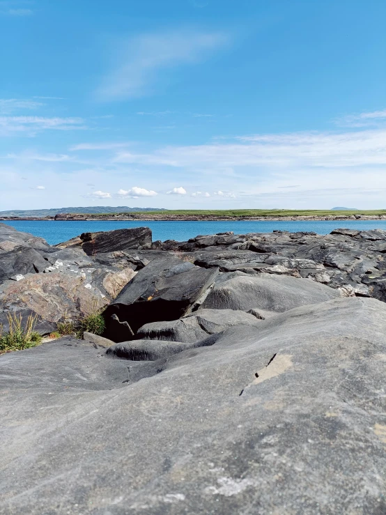 a large body of water next to some rocks