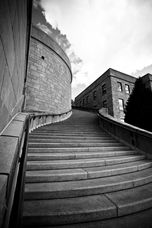 a stair case made of concrete with trees near by