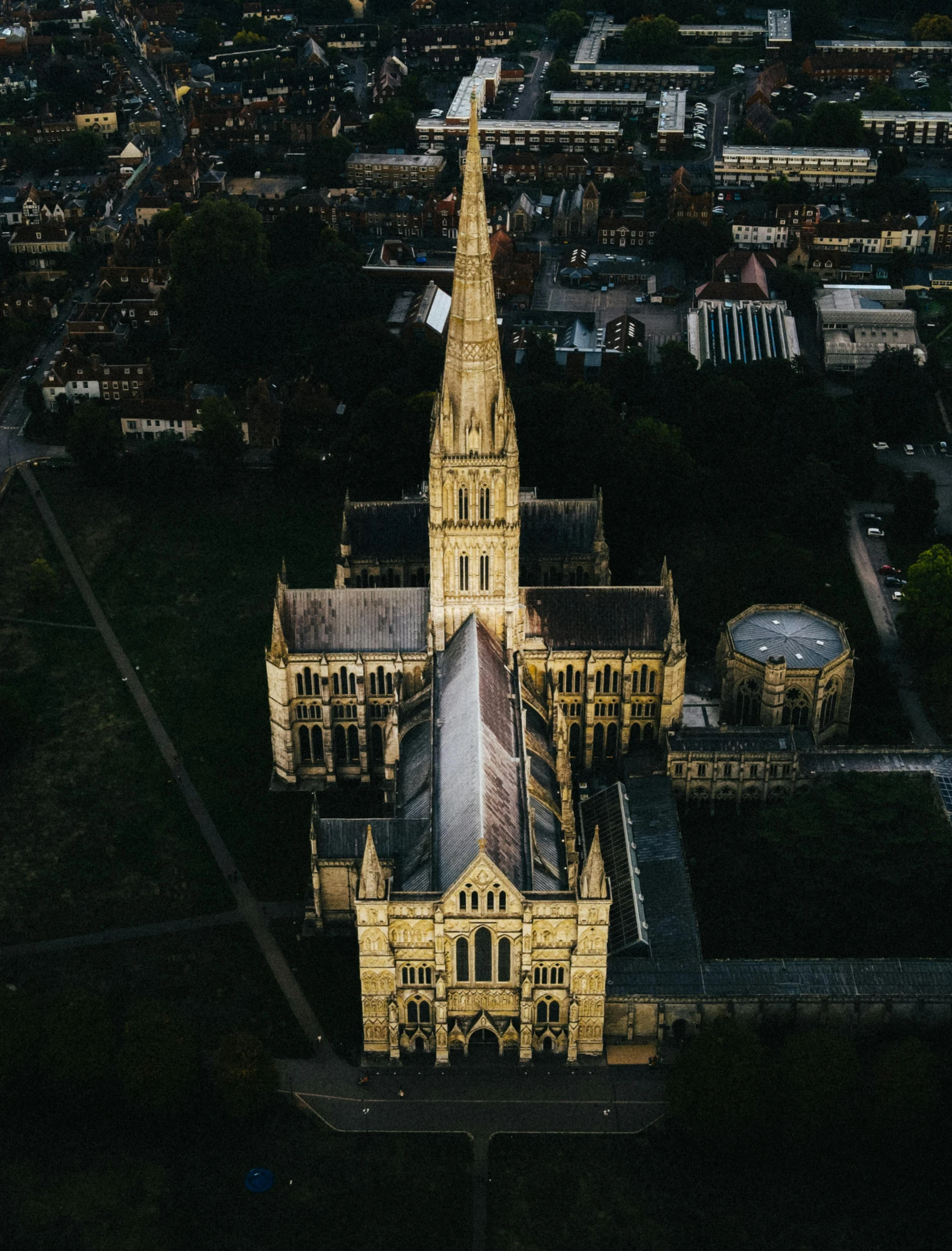 aerial view of the historic cathedral at night