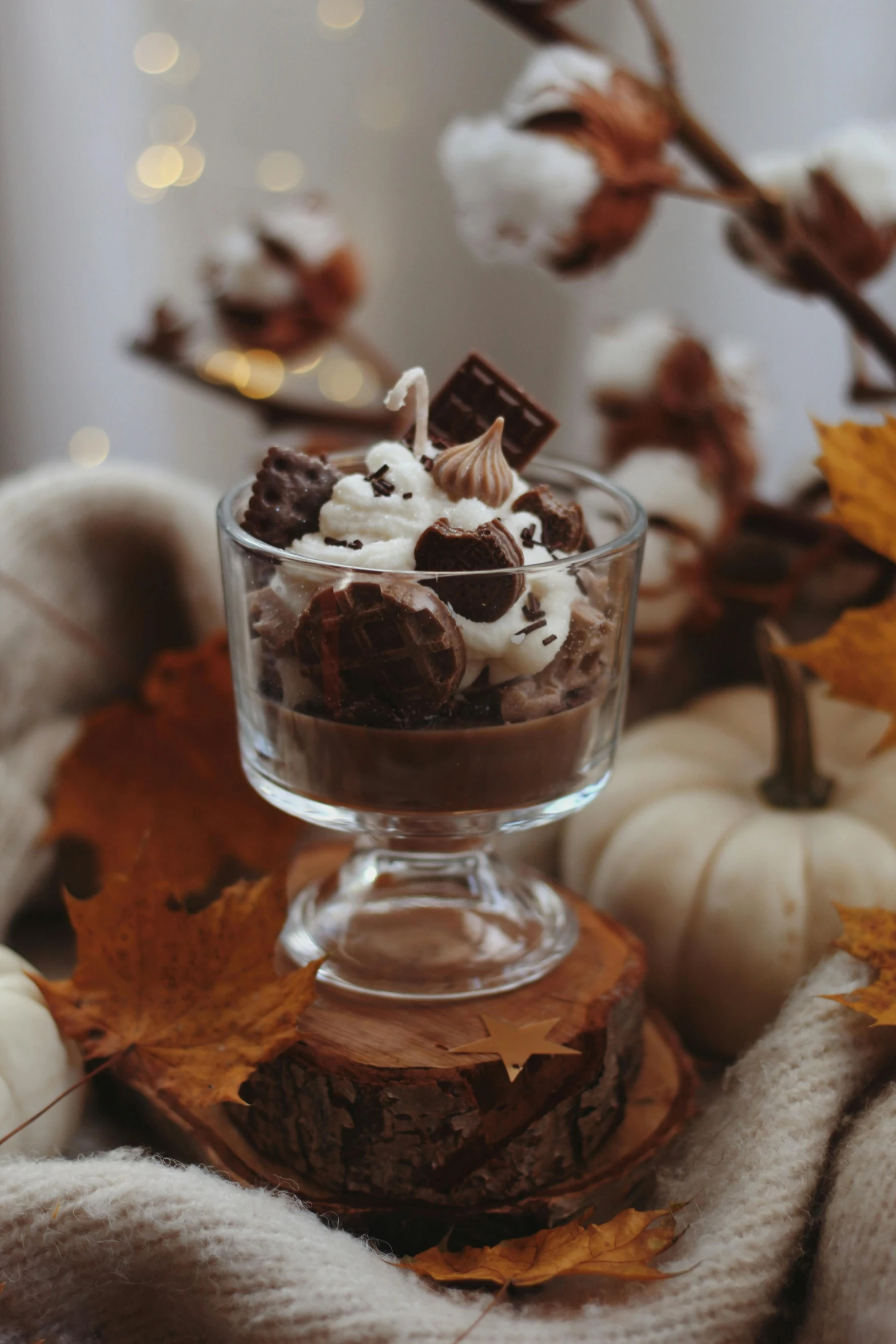 a dessert sits on top of a glass dish