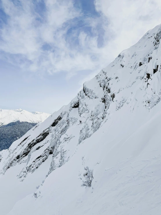 a mountain is covered in snow and surrounded by mountains