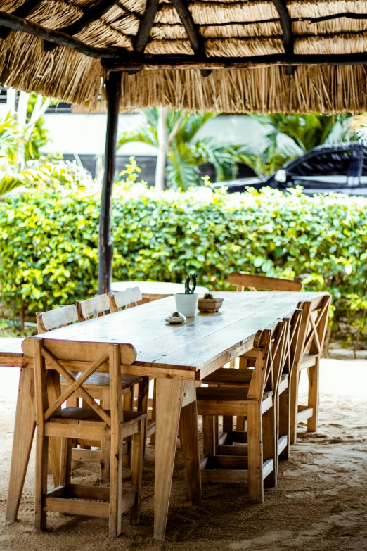 a table with a wooden bench underneath it