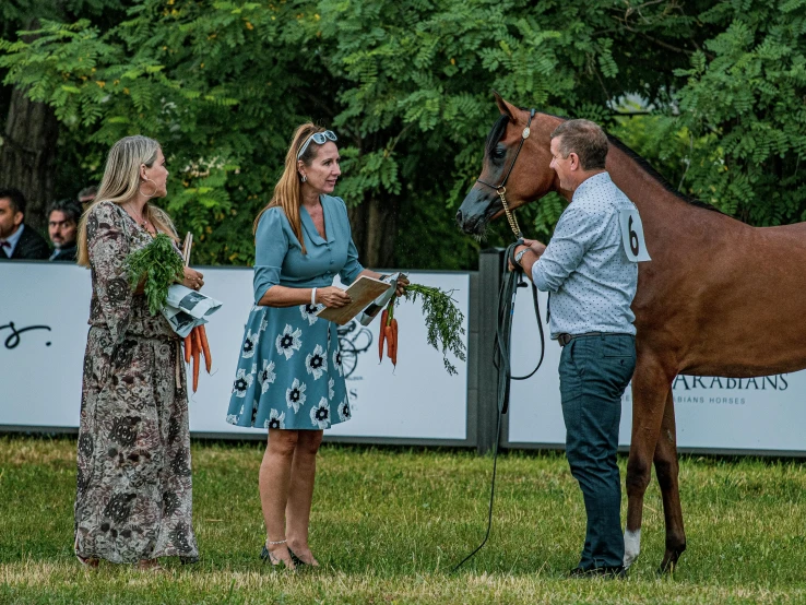 two women and a man stand in front of a horse at a show