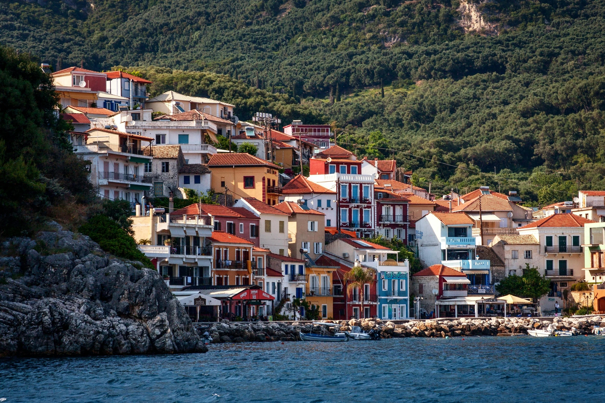 a group of houses on a hill by a body of water