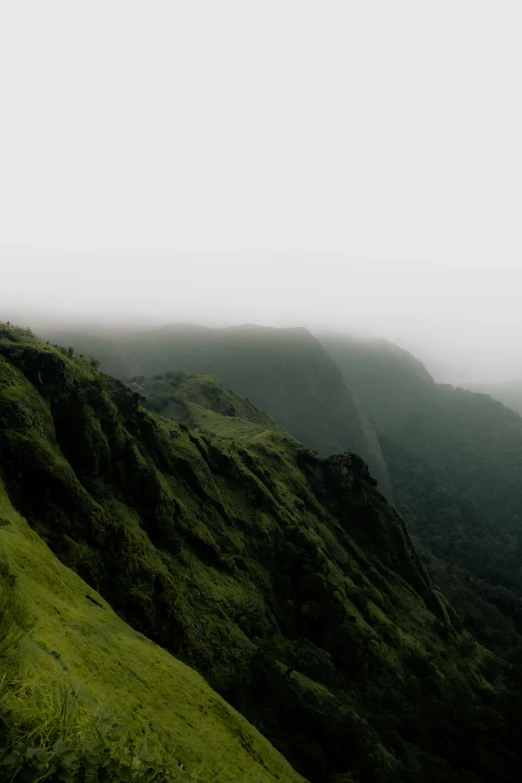 a foggy and barren green hill is shown