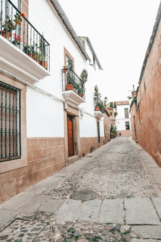 a cobblestone street lined with buildings on either side