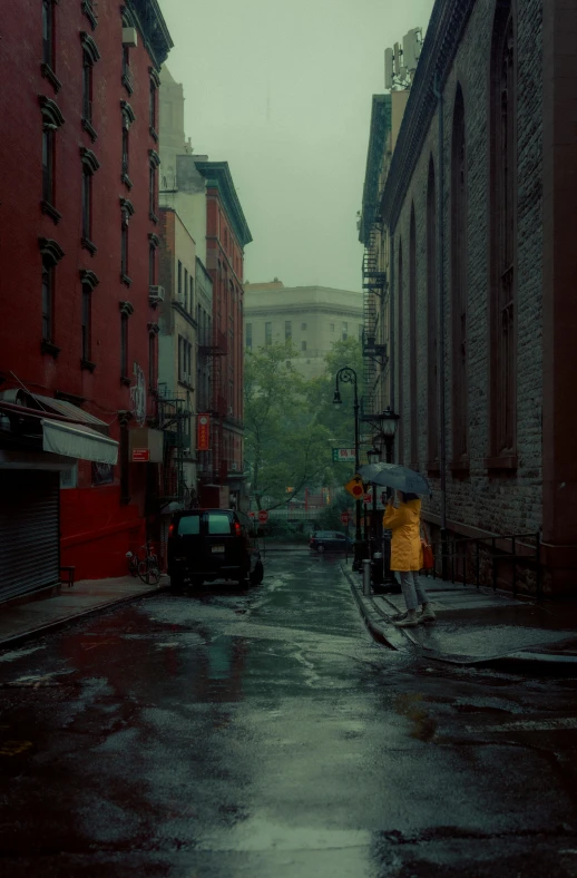 rain in the middle of the street on a city street